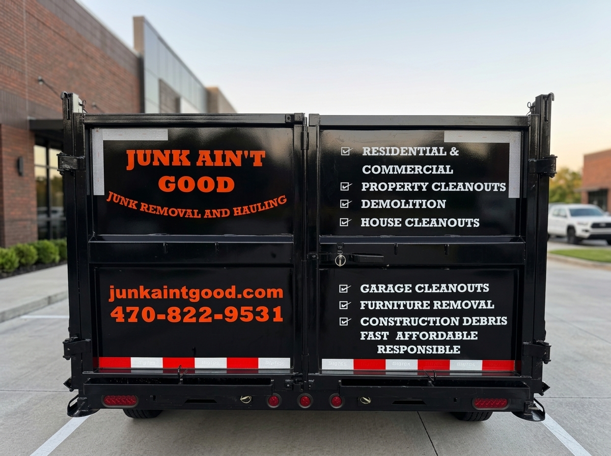 Junk Ain't Good trailer tailgate showing our services and contact info