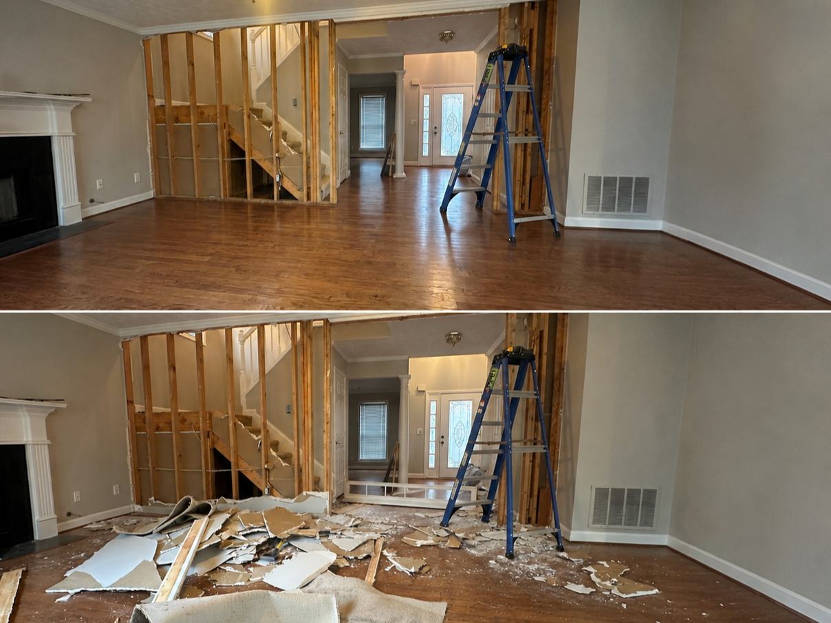 Light demolition cleanup, before and after, in a living room