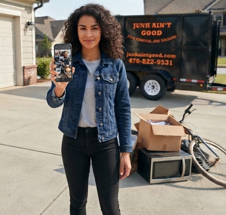 Customer showing photos of junk on her phone in front of the Junk Ain't Good trailer